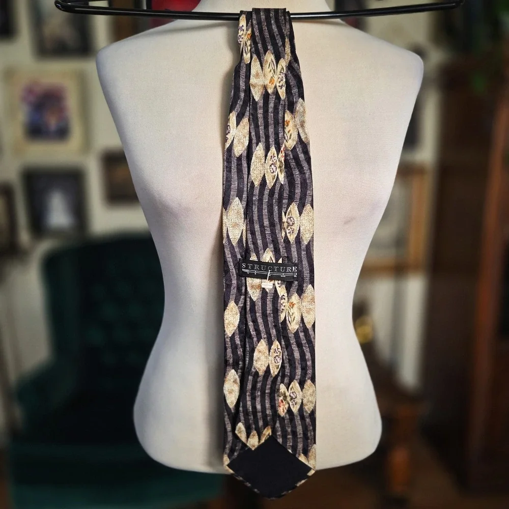 Structure Silk Tie Vintage 90s Wavy Stripe Floral Medallion Geometric Mens Black